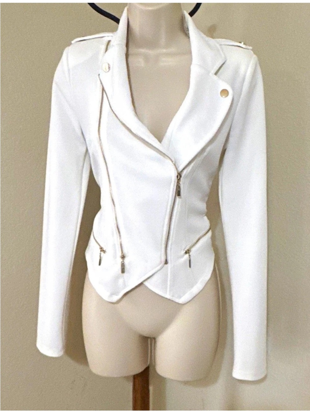 Windsor White Zip Biker Jacket Women’s Size M Long Sleeve Slim Fit Short
